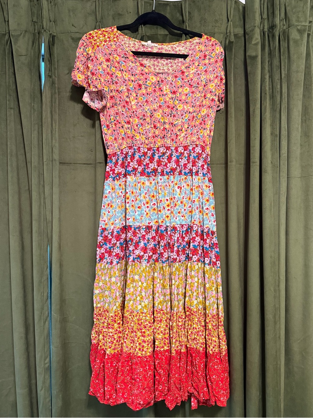 easel Multicolor Floral Tiered Maxi Dress in Pink and Red